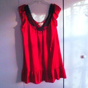 Monique Red & Black Lace Trim Slip Night Gown With Ruffle Hem - Medium Size